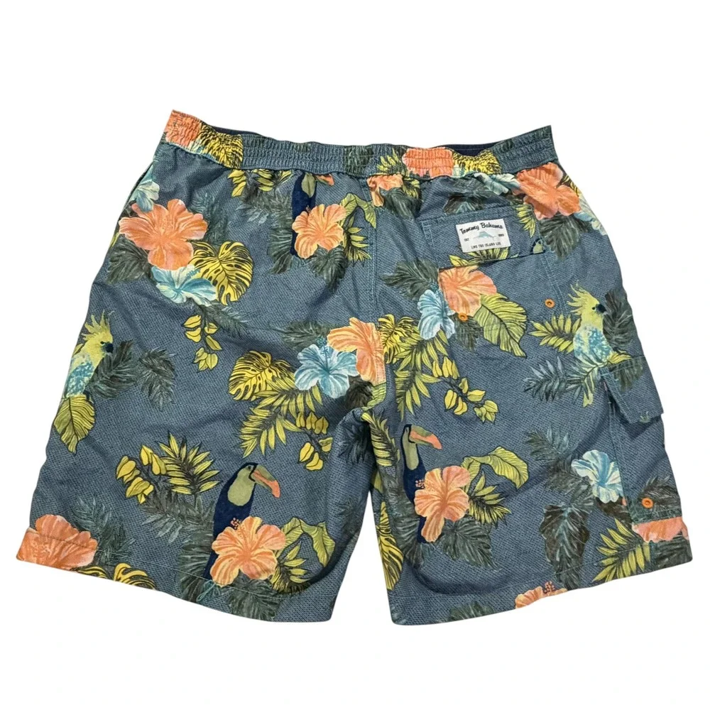 Tommy Bahama Mens XL Tropical Bird Floral Swim Trunks Blue Hibiscus Board Shorts